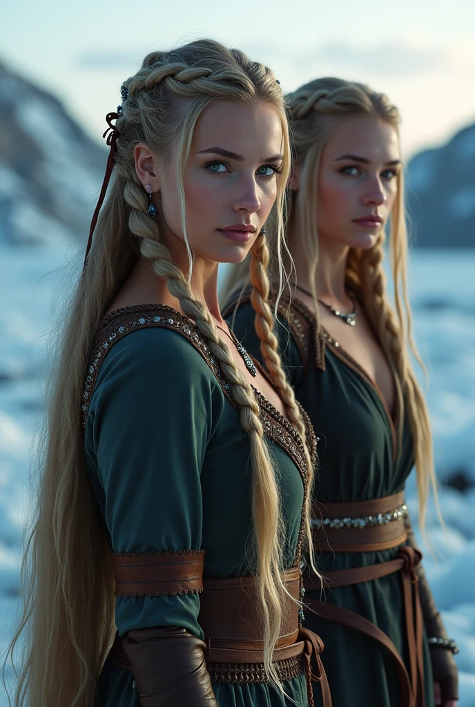 The image shows (a beautiful woman of Icelandic descent with Viking style). She has slightly reddish cheeks and (fierce eyes of bluish ice color with a subtle black outline). Her hair is blonde and flowing hairstyle (in a Viking woman's hairstyle with no horns on her head). The model wears elegant Viking woman armor with a fur coat and Viking accessories, along with a Viking sword at her waist. She is captured in an enhanced ESRGAN image with a realistic face (captured in a head-to-toe photo) that shows her youthful appearance at the age of 23. The image was captured using a Sigma 35mm f/1.4 Art lens in stunning detail at 8192 x 8192 pixels with High Dynamic Range to capture accurate color and detail. The model is on a mountain overlooking the sea, with a dramatic angle, illuminated by sunlight that creates shadows and reflections, and with a volumetric light effect adding depth to the image. The result is an image that highlights the fierce and powerful nature of a Viking woman with Icelandic heritage, depicted in stunning detail and realism, (she is alone in the image)