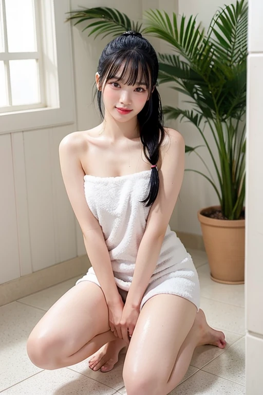 ulzzang-6500-v1.1, (RAW Photos:1.2), (Photorealistic), Beautiful detailed girl, (Genuine: 1.4), Very detailed目と顔, Beautiful and detailed, ((Wrapped in a bath towel:1.3))、Standing on the toilet、Embarrassing pose、(A very kind smile:1.2)、Huge file sizes, High resolution, Very detailed, Highest quality, [masterpiece:1.6], Awareness-raising, Very detailed, Hmph, finely, Highest quality, 8k wallpaper, Cinema Lighting, 1 Girl, , Perfect figure, Cute droopy eyes、Beautiful big eyes、 ((masterpiece)), Highest quality, 1 Girl, eye shadow, Upper Body, Portraiture, ((Full Body Shot:1.5))、