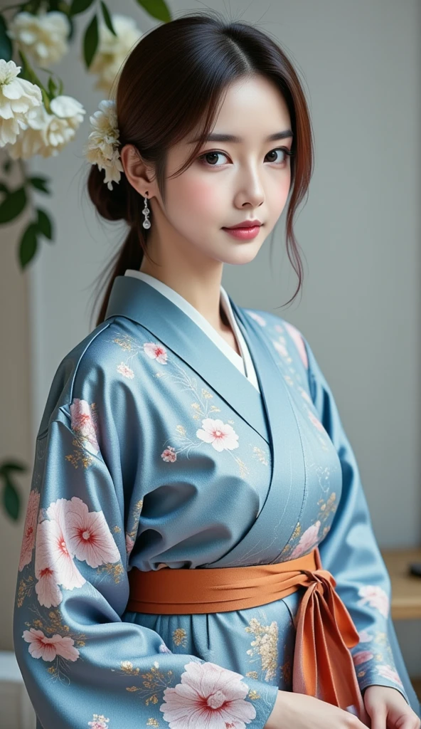 koso1,a young beautiful  asian woman, sky-blue dress flower printed highly detailed,orange sash, soft lighting glow effect, cinematic look, beautiful hair,full-body 