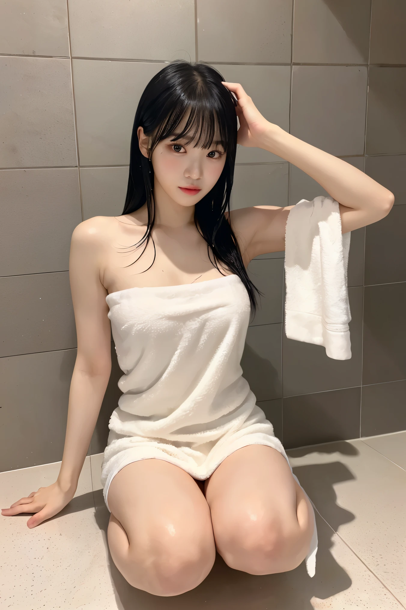 Cute idol-like face, perfect hands, Korean woman, white skin, Her hair is long and black with bangs., Reality Photography, Clear picture quality, fair skin, glowing skin, full body photo, Bathroom, Sleek and long legs, Top down view, naked towel, white towel, wet hair, wet body, bob hair, crawling position, blush
