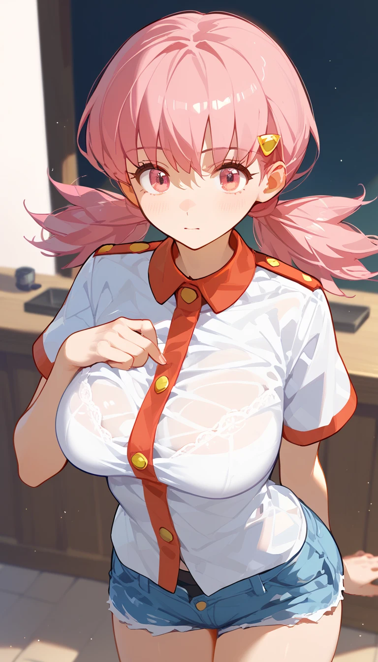 (8k,  top quality,   masterpiece  :1.3), pose, 1 girl in uniform,  very beautiful face  , random expression ,ＪＫ_ style for stilets ,(Age 19),Big Breasts,zzWhitney, pink eyes, pink hair, pigtails, hair clip, white shirt, denim shorts,