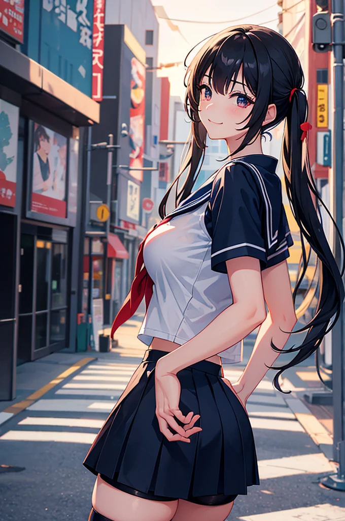 woman,14 years old,,city,night,(((White and blue miniskirt))),,open mouth smile((lift the skirt))(See-through),(()),((Satin Nariko)),blush、surprised face,((())),((look back))(wet with sweat)