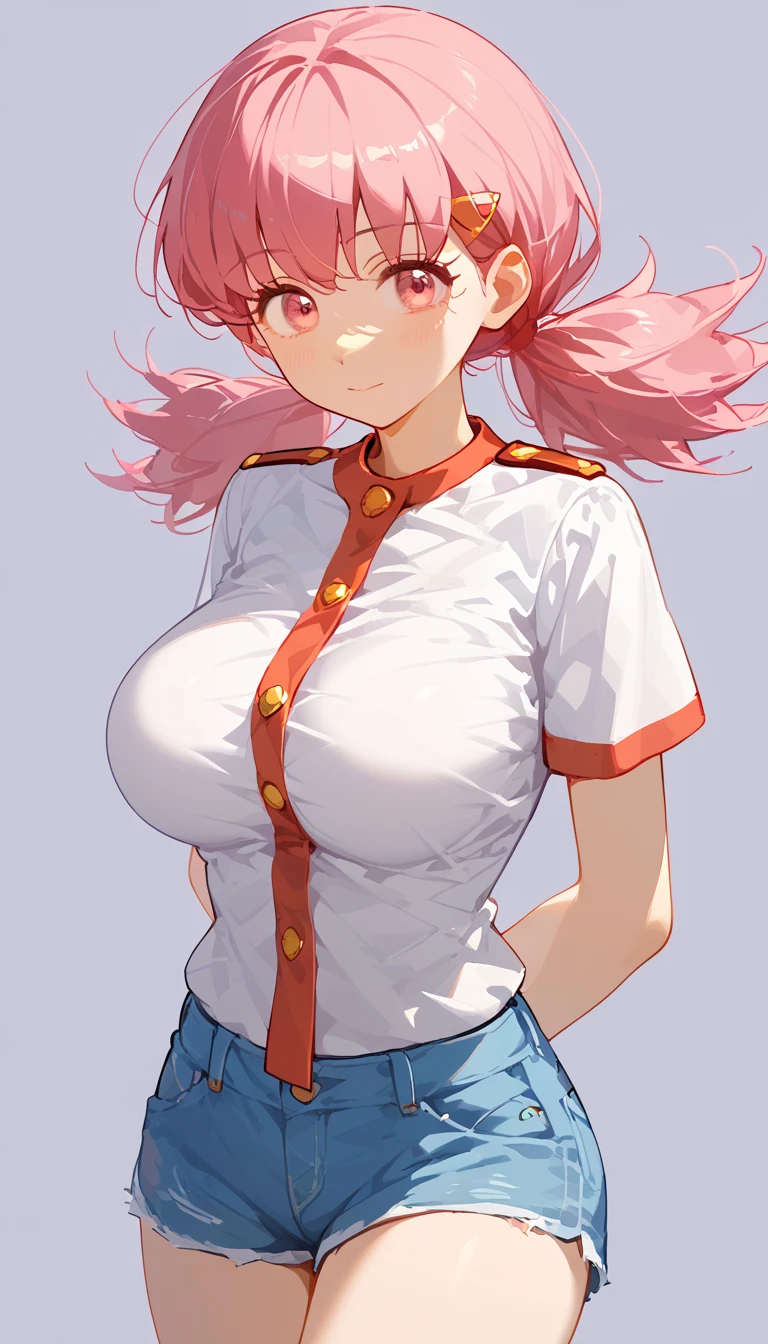 (8k,  top quality,   masterpiece  :1.3), pose, 1 girl in uniform,  very beautiful face  , random expression ,ＪＫ_ style for stilets ,(Age 19),Big Breasts,zzWhitney, pink eyes, pink hair, pigtails, hair clip, white shirt, denim shorts,