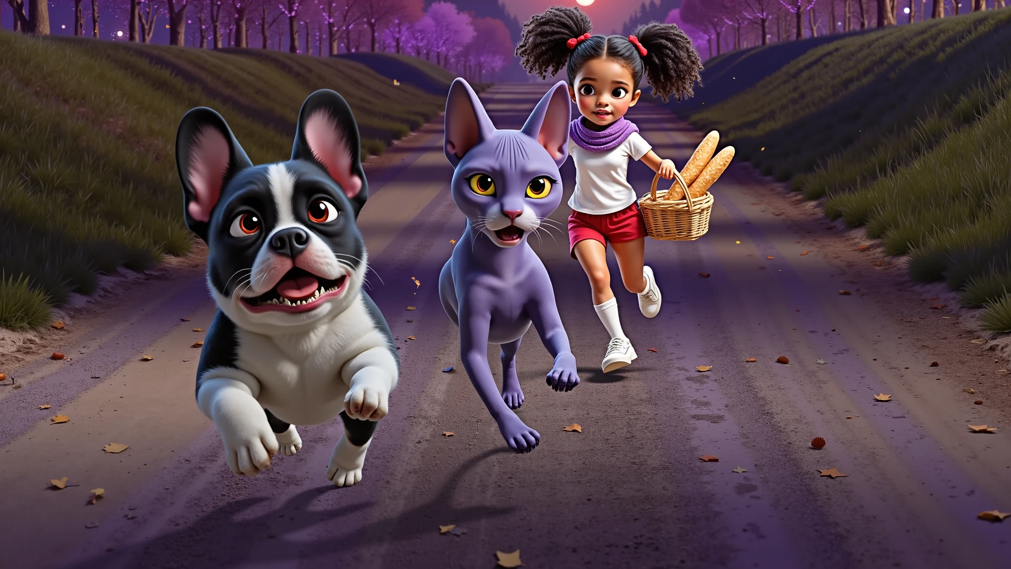 Inspired by Disney Pixar cartoons, posters and movies, create the front image of a girl, beautiful, sensual and attractive, with a basket with two loaves of bread in a plain white t-shirt, very short, tight shorts that go into the middle of her vagina, red, a lilac scarf around her neck, hair tied in two ponytails with red ribbons, light brown skin, curly hair, white knee-high socks, white sneakers, runs with an air of despair for having dropped one of the breads, her eyes are wide and her mouth open, in front of her run a black and white French bulldog puppy and a purple sphinx cat, with the same expression of despair on the girl's face. The background is a dirt path, with grass around it and trees, in the background Christmas lights that illustrate a city during the Christmas period, the path is dark, lit only by a star that shines brightly and the full moon.