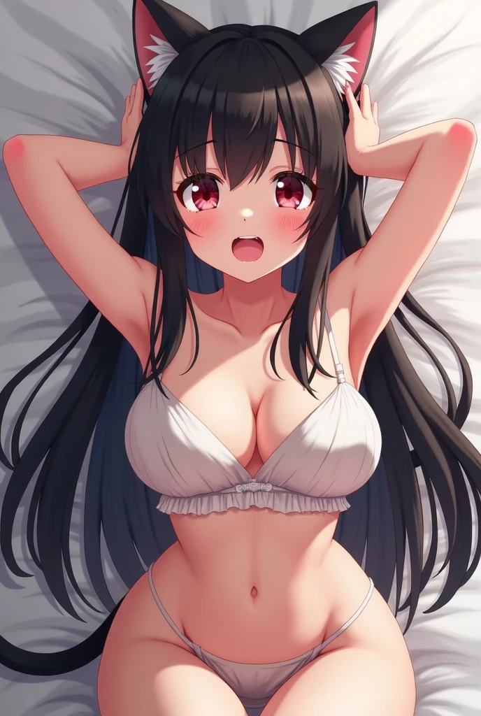 One , ((Trying to hide her body with the sheets))、((Sexy Underwear)),(Black Hair,Red-pink inner color hairstyle), Beautiful Hair, Facial Contour, Remember, ,Hotel, splash, Lens flare, noon, bright, Natural Color, High resolution, Very delicate, Very detailed, 8k,Lying in bed、(There is only a slight swelling of the chest,About B cup)、Shyness,((Sexual))