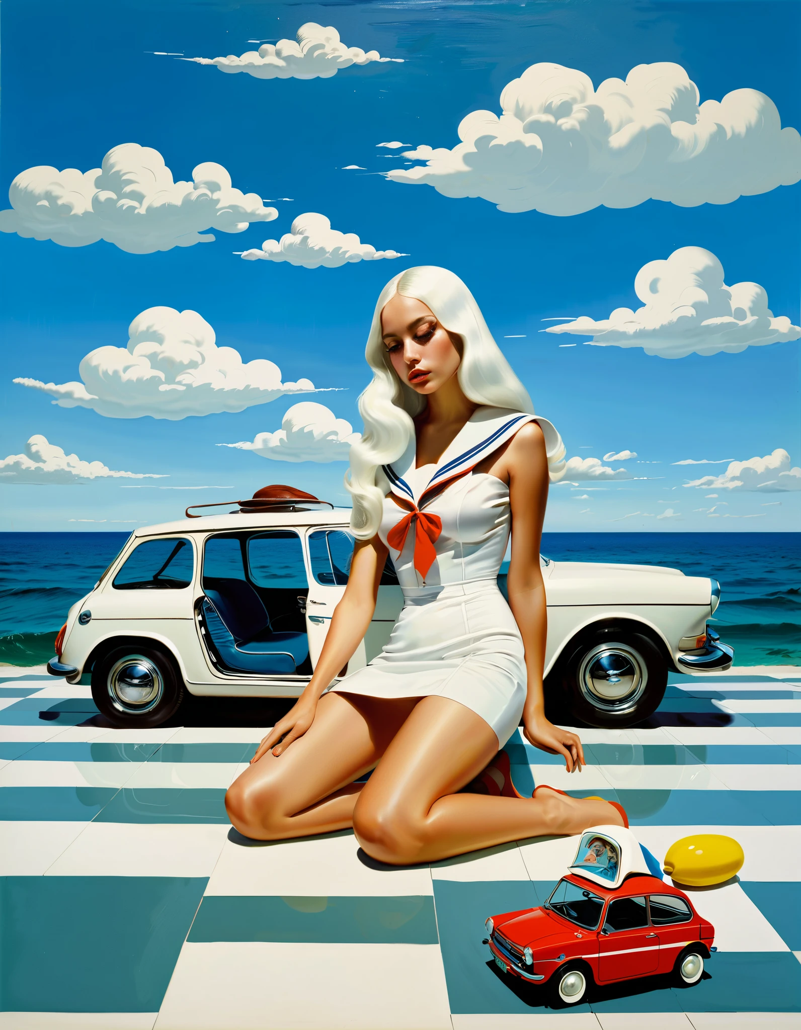 philip guston、Max Ernst, Andy Warhol 、Lady Gagal in a Beautiful Sailor Suit、 long white hair when placed on the floor 、 Reflected in Glass 、 Surrealist Paintings 、 dress,cloud, girl、１９６０Period Manga 、Japanese, 1970s fashion illustration, avant-garde painting, in front of a mini electric car, ultra-realistic painting, Dead Piggy Bank , acrylic painting
