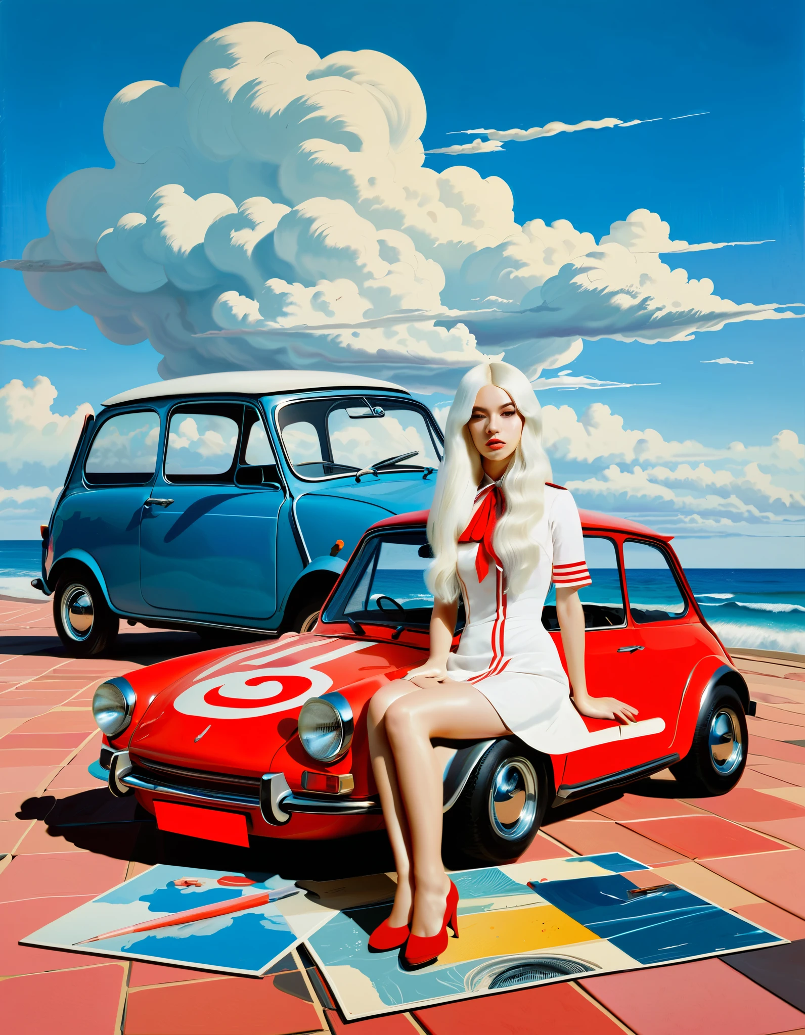 philip guston、Max Ernst, Andy Warhol 、Lady Gagal in a Beautiful Sailor Suit、 long white hair when placed on the floor 、 Reflected in Glass 、 Surrealist Paintings 、 dress,cloud, girl、１９６０Period Manga 、Japanese, 1970s fashion illustration, avant-garde painting, in front of a mini electric car, ultra-realistic painting, Dead Piggy Bank , acrylic painting
