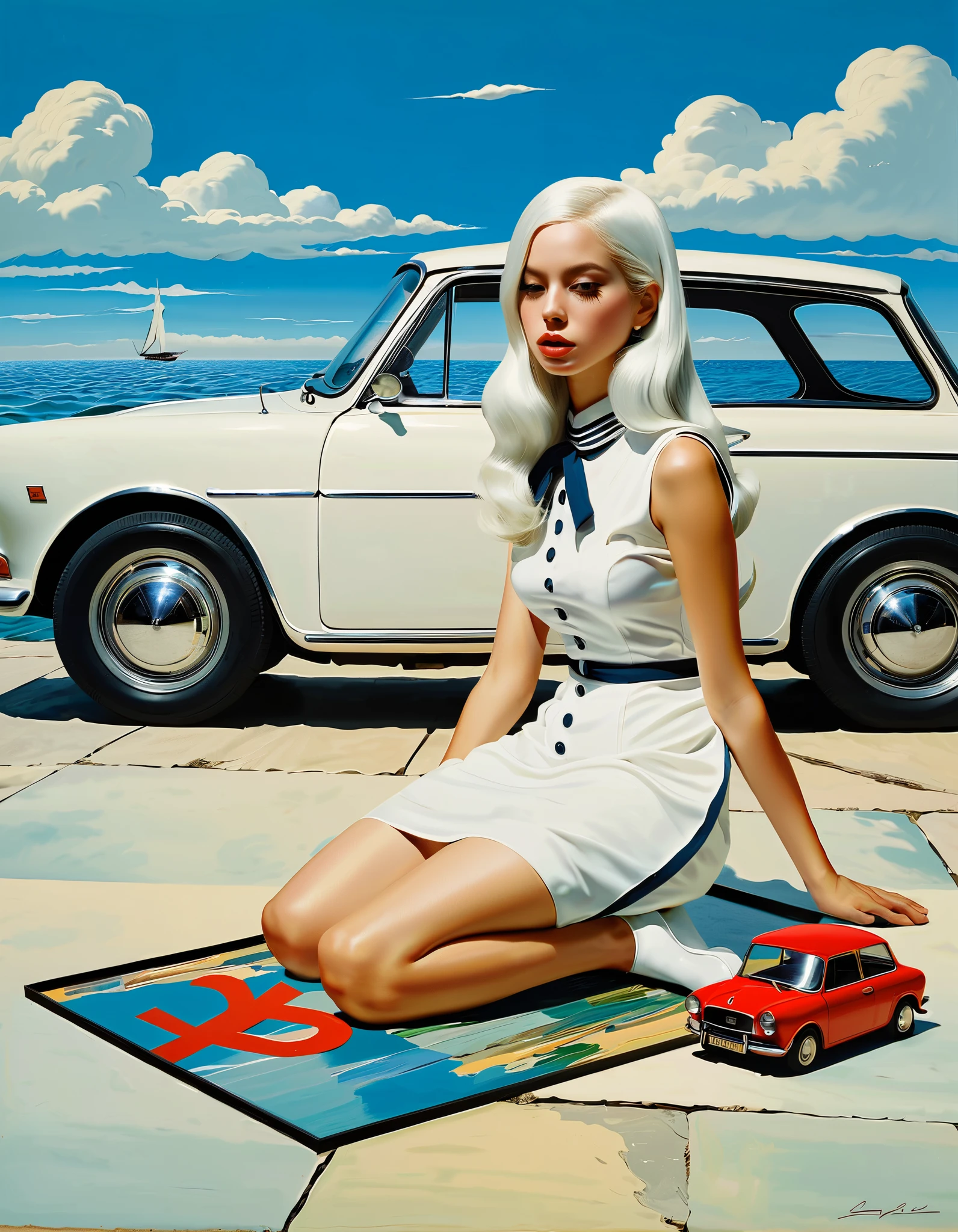 philip guston、Max Ernst, Andy Warhol 、Lady Gagal in a Beautiful Sailor Suit、 long white hair when placed on the floor 、 Reflected in Glass 、 Surrealist Paintings 、 dress,cloud, girl、１９６０Period Manga 、Japanese, 1970s fashion illustration, avant-garde painting, in front of a mini electric car, ultra-realistic painting, Dead Piggy Bank , acrylic painting
