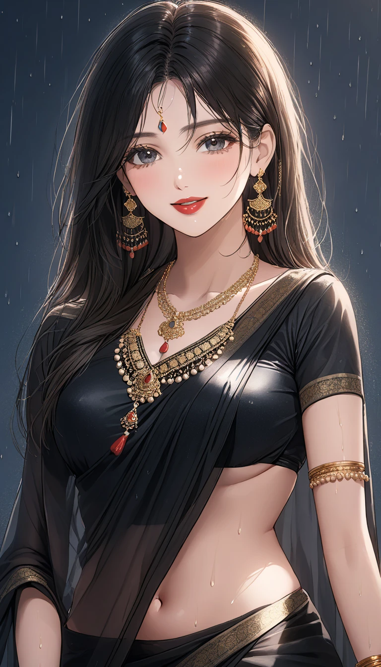 ((1woman, mature, straight hair, wet black saree, big long  jhumka earrings , detailed alluring eyes, smooth detailed lips, beautiful face, smiling ,red lipstick ,navel,bangles,blue ribbon, necklace ,wet hair