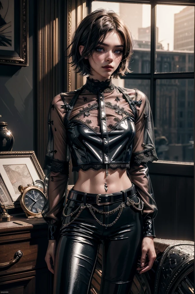 (Detailed illustrations, Very detailed and detailed drawing, Delicate lines with slow and rapid, Realistic texture expression), One woman with very short white hair with black tips, ( emo hairstyle, ), goth, pale white skin, evil smirk, (girls bedroom background), dark lighting, cold atmosphere, lore_Emma , pink eyes , dark eyeliner, (ultra dark glossy black lipstick), gorgeous face , super cute, 18 years old , hyper detailed face, (super skinny figure , medium breast, thin waist), slim legs, slim hips, (ultra low rise wet look shiny latex pants with transparent flower pattern), ((low rise pants)), ((unzipped pants)), vinylpvc, (mesh shirt with flower pattern), black choker, vulva tattoo, black hairband, (white lotus flower in hair), (flower pattern belly tattoo), fingerless latex gloves, (((long latex trench coat)), (short sleeves)), (black nail polish), ((hip chains)), ((belly button piercing)), ((navel piercing)), ((belly chain))