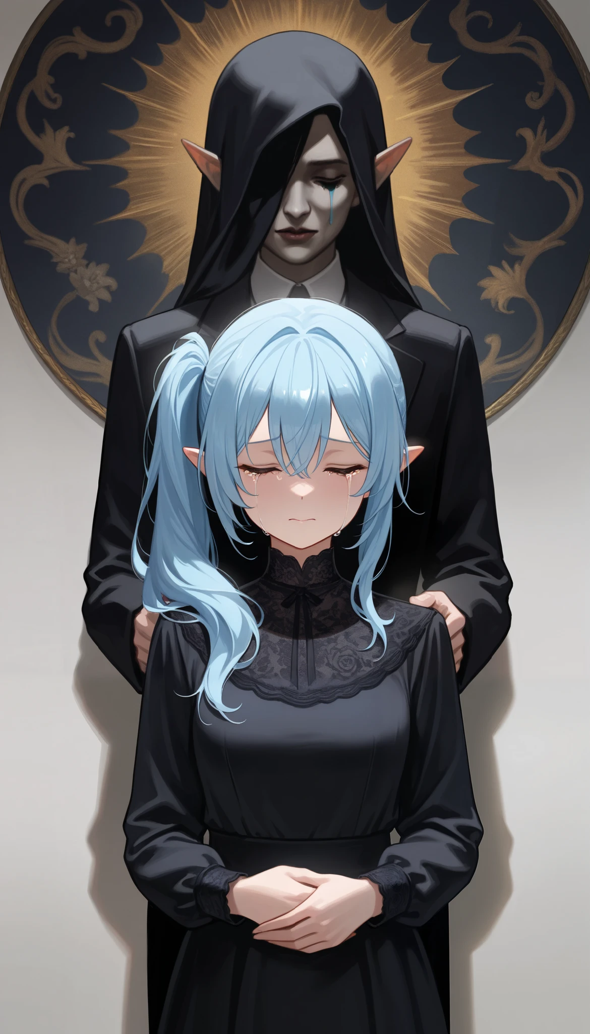 (((Best quality, 8k, Masterpiece: 1.3)), ((best quality)), ((masterpiece)), (detailed), perfect face, perfect body, (detailed skin:1.3), (intricate details), longeyelashes, blue hair, side ponytail, streaming tears, pointy ears, Surrealism, drop shadow, tachi-e, Widow, mourning clothes, Funeral, Rainy Sky