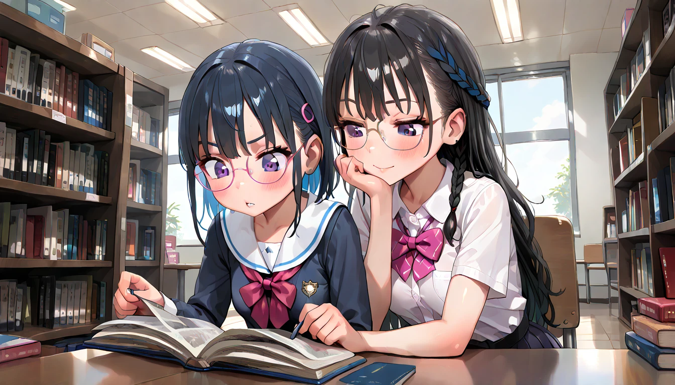 ((top quality)),((masterpiece)),((perfect face)),(ultra-detailed),ultra high res, 8k, 2girls, braided hair, glasses, streaked hair, school uniform, library, ((porno magazine:1.3)), reading, exquisite, (very aesthetic:1.2), (absurdres:1.2), (detailed background),newest, perfect anatomy, 