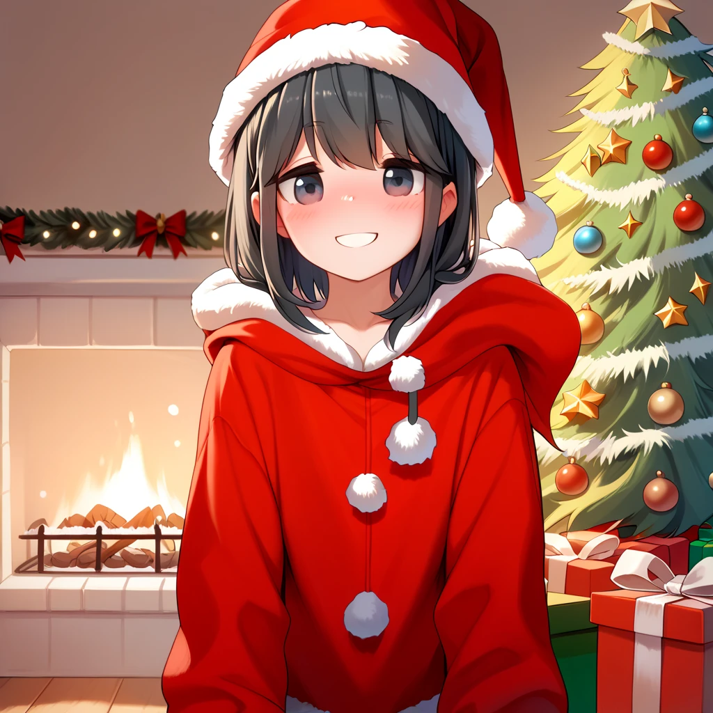  (8k), (  very detailed), (   best illustration  ), . flat chested。Santa clothes 。 Santa hat。 Christmas hat 。No glasses。four-leaf clover in hair 。adult。Slightly brown black hair。Shima Rin,。 medium hair。Being drunk。smile。adult。 Christmas tree