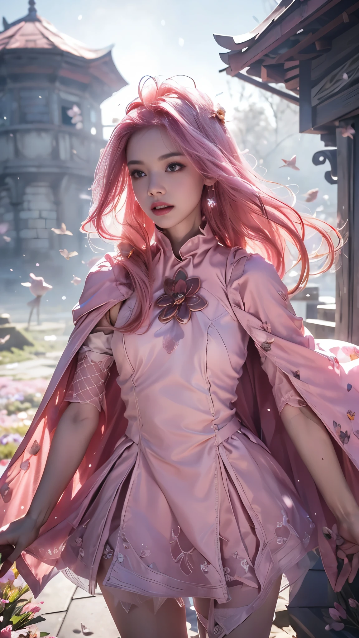 Reality, high resolution, 1 female, Glowing skin, solitary, Hips up, Tattoo, Jewelry, Pink lips, Pink long hair, blue eyes, Residence, castle, fully armed, Red Armor, cloak,
