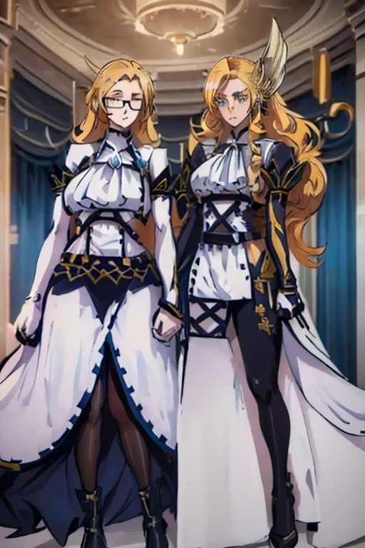 female, long blonde hair in a ponytail, blue eyes, (((1girl))), (((white dress with black and gold trim))), (black fingerless opera gloves), (black boots), (black leggings), (glasses), cute and sexy, full body, big breasts, long legs, smiling