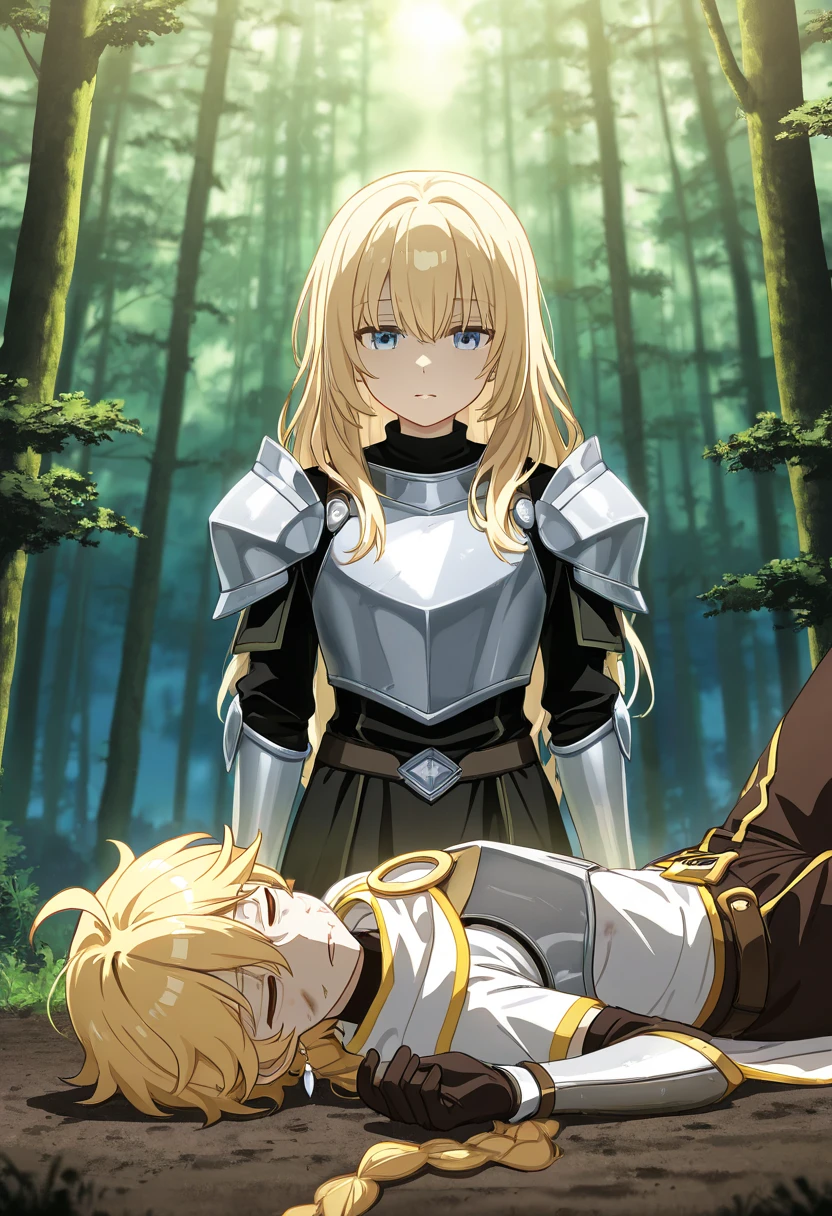 Aether, Age: Appears in his late s to early 20s, Hair: Light blonde, slightly messy, medium-length hair, Clothing: Wears a form-fitting outfit that resembles armor, primarily in blue and white tones, with gold and silver accents. His chest armor is slightly damaged, Facial Expression: Unconscious, pale, with a hint of pain in his features. His face is relaxed but worn, giving an impression of exhaustion and injury, is lying on the ground in a serene forest, his face pale and his body covered in dirt and bloodstains. The soft morning sunlight filters through the trees, casting gentle beams on his face. The surrounding forest is lush, with tall, green trees and a small, crystal-clear stream in the background. The atmosphere is peaceful yet tense, evoking a sense of stillness and danger. The image should be cinematic, with a focus on Aether’s vulnerable state and the beauty of nature around him.