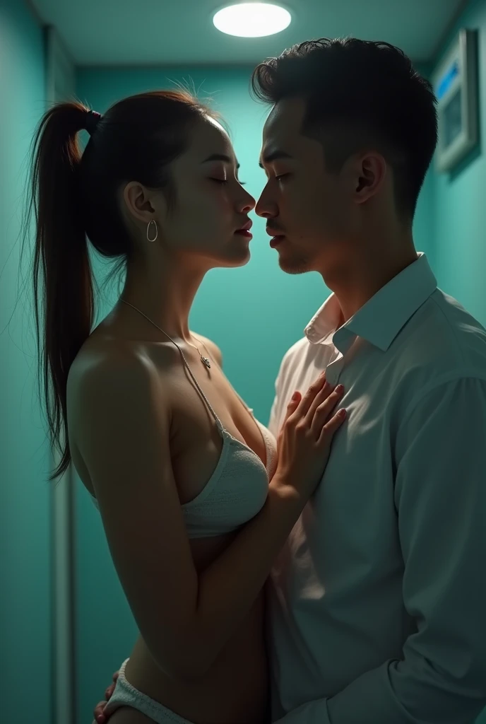 A slender Korean man in a long-sleeved shirt stands face-to-face with a naked, fair-skinned Asian woman.