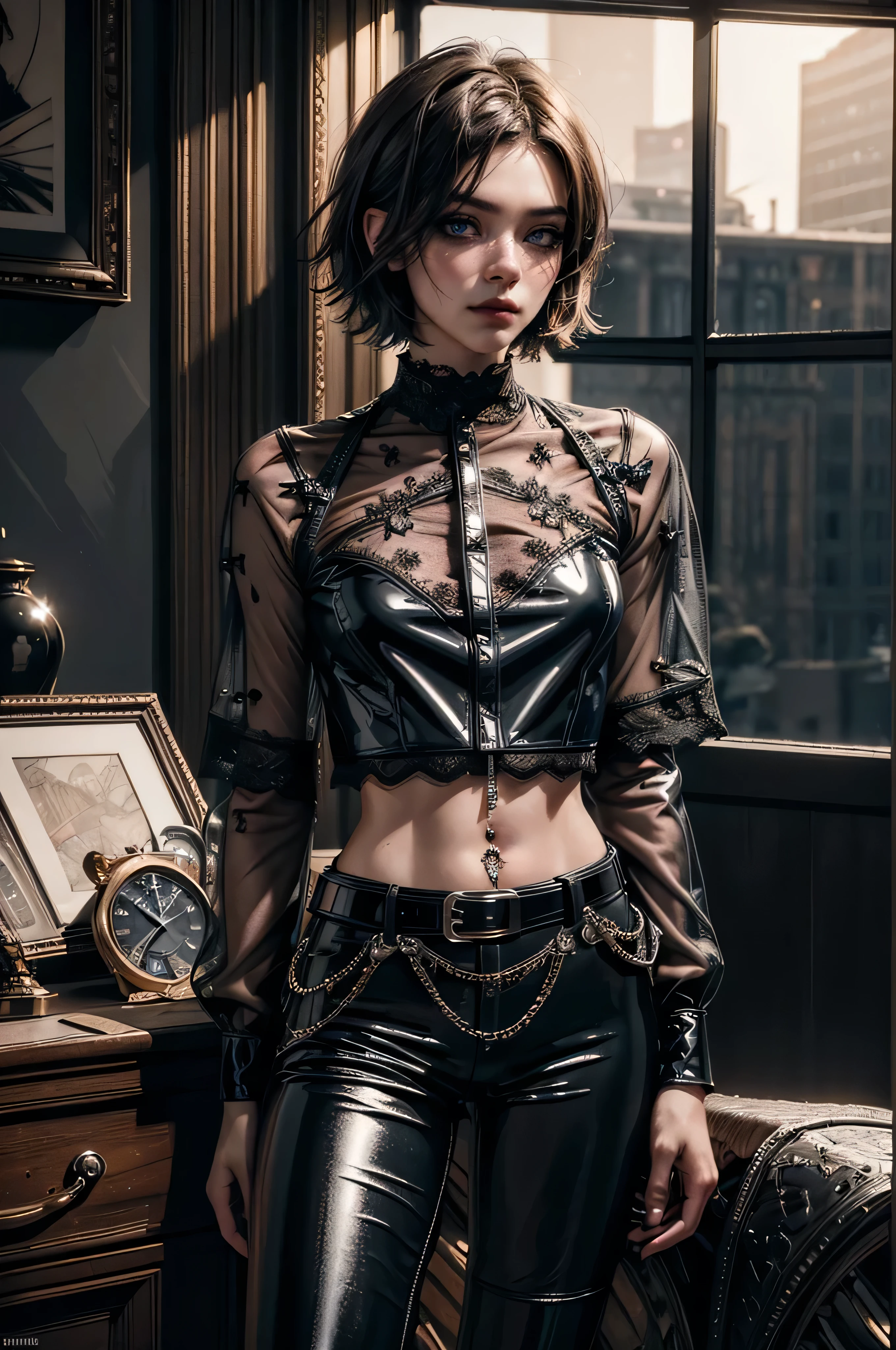 a woman with a (navel piercing), detailed shadows, highly detailed face, beautiful detailed eyes, beautiful detailed lips, extremely detailed face and skin, detailed abs, detailed belly button, cinematic lighting, dramatic shadows, dramatic lighting, vibrant colors, 8k, high resolution, photorealistic, hyper detailed, intricate details, masterpiece