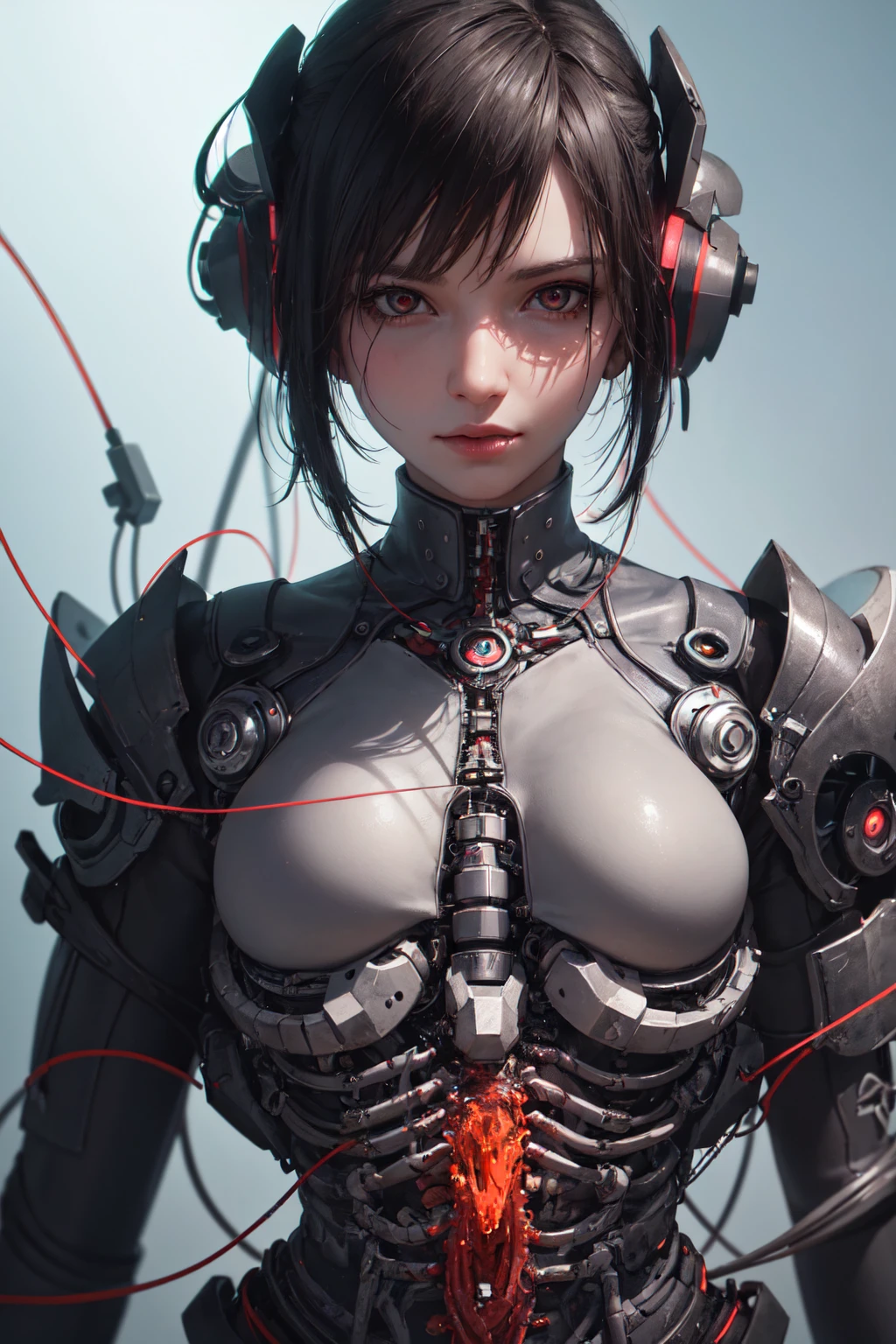 (((Masterpiece))), ((((Best quality)))), (((Ultra-detailed))), (CG illustration), ((Extremely delicate and beautiful)),(Cute and delicate face),Cinematic light,((1 mechanical girl)),Solo,full bodyesbian,(machine made joints:1.4),((Mechanical limb)),(Blood vessel attached to tube),((The mechanical vertebrae are attached to the back)), ((A mechanical cervical vertebrae attached to the neck)),((Seated)),face expressionless,(Wires and cables attached to the head and body:1.5),(Character focus),sci-fy，looks into camera，Black color hair，Black and white style