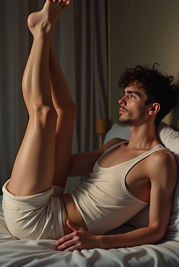 Teen sexy guy wearing a boxer short is sitting on a chair while placing his feet on the top of the face of a lying guy