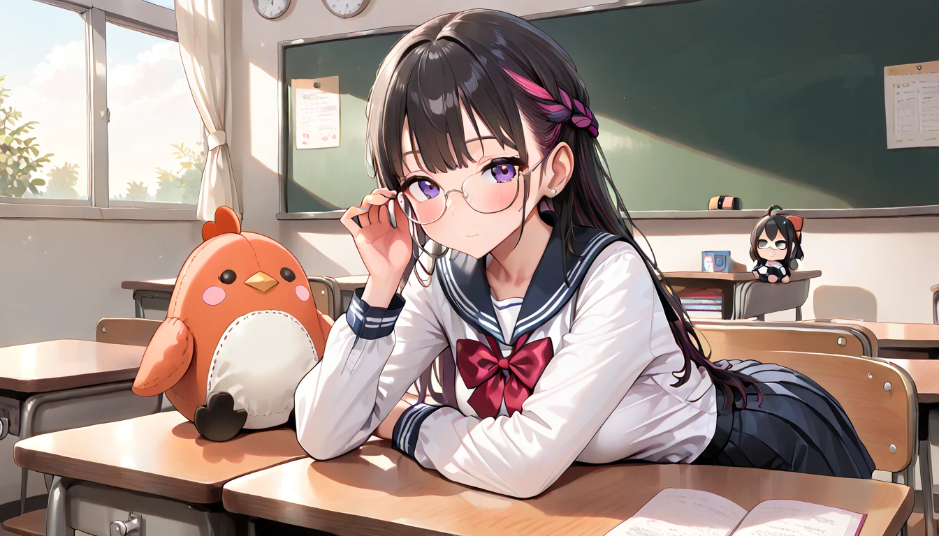 ((top quality)),((masterpiece)),((perfect face)),(ultra-detailed),ultra high res, 8k, 1girl,  solo, braided hair, glasses, streaked hair, school uniform, classroom, large plush toy, exquisite, (very aesthetic:1.2), (absurdres:1.2), (detailed background),newest, perfect anatomy, 