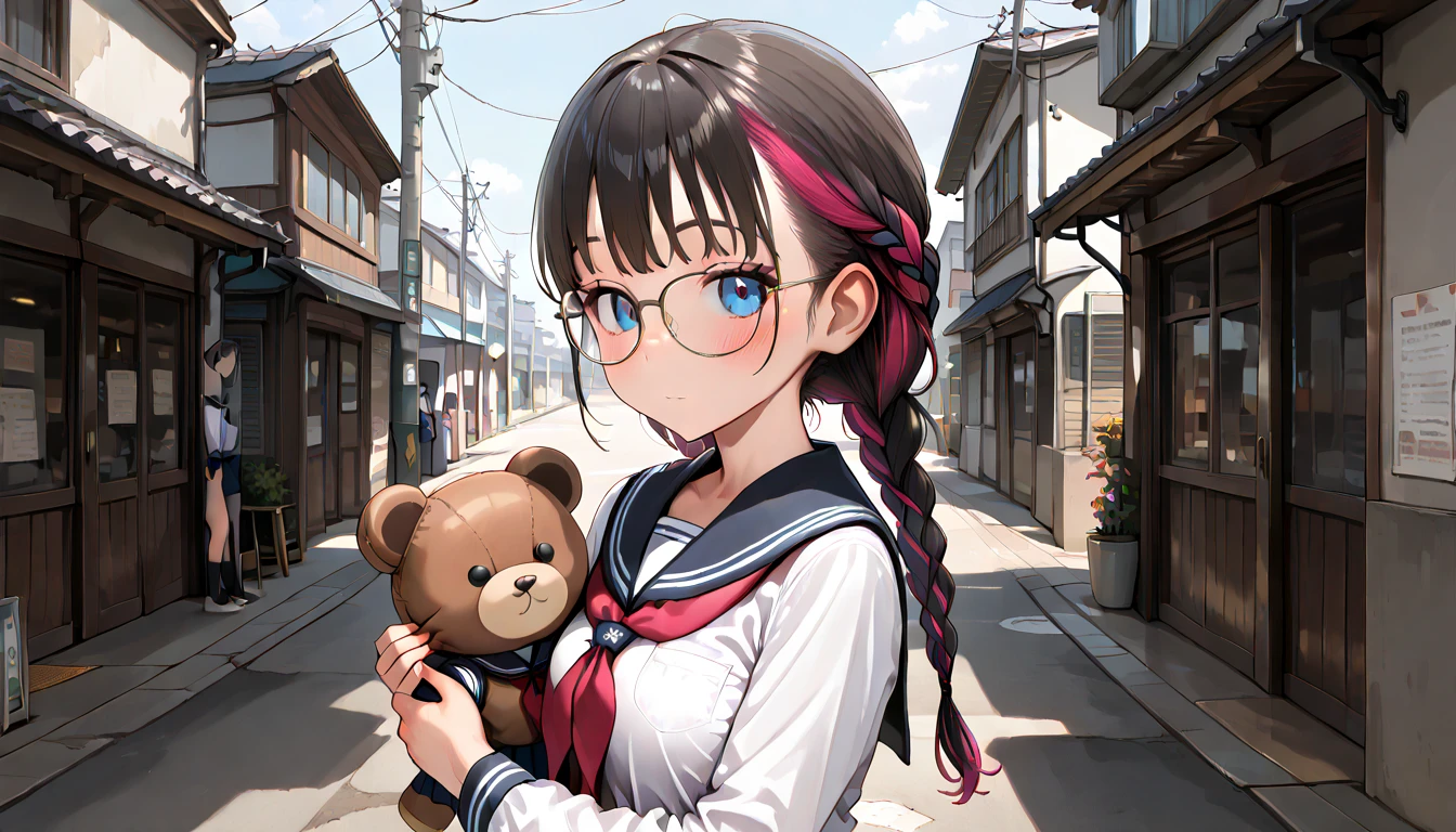 ((top quality)),((masterpiece)),((perfect face)),(ultra-detailed),ultra high res, 8k, 1girl,  solo, braided hair, glasses, streaked hair, school uniform, streets, carrying large plush toy, exquisite, (very aesthetic:1.2), (absurdres:1.2), (detailed background),newest, perfect anatomy, 