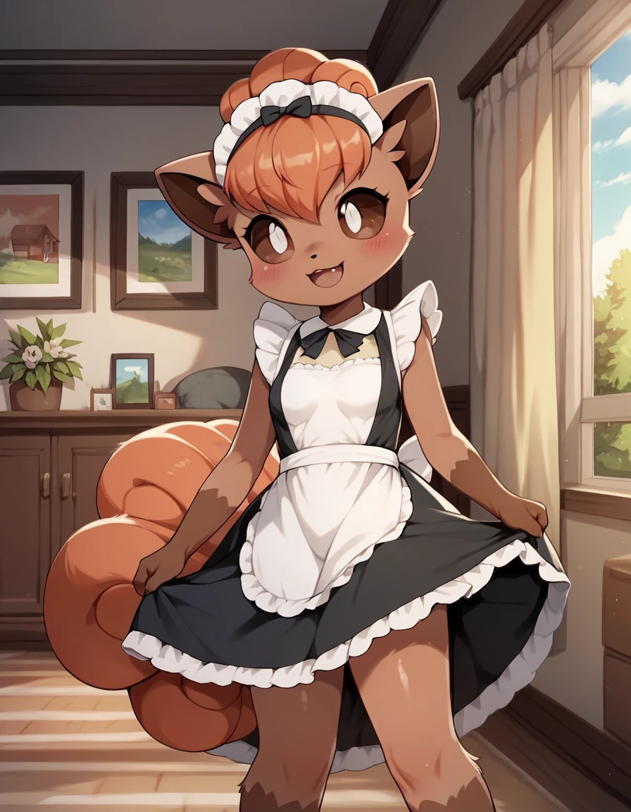 score_9, score_8_up, score_7_up, score_6_up, rating_questionable, 1girl, furry female, anthro, (furry, anthro:1.2) (detailed cute skin), solo, furry female, pokemon (creature),,vulpix, cute, ,pokemon, (small breasts), cute, cute eyes, cute head), (beautifully detailed face, oily, shiny skin), (detailed eyes, sharp eyes, clear pupils: 0.8), masterpiece, happy, empty hands, smile, mouth, background living room, house, dress, wear maid outfit, naked, lifting clothes to show vagina
