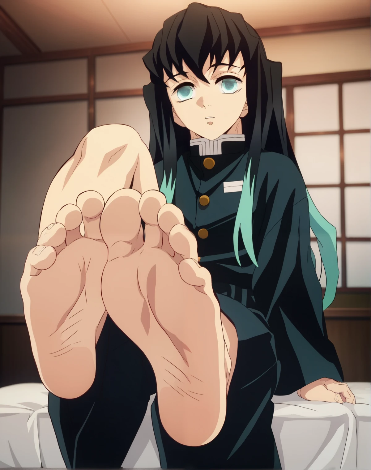 score_9, score_8_up, source_anime,
1boy, Tokito Muichiro, alone, looking at viewer, cowboy shot, ANIME SCREENCAP, anime coloring, in his bedroom, sitting on the bed, lifting legs to show his soles, barefoot, perfect feet, anatomically correct, soles, low angle, focal length 35mm, each foot has five toes, front, symmetrical soles, foot focus.

Muichiro is a young boy of fair skin and short stature with a lean muscular build along with long, straight hair of a raven-black color that fades to a cyan color as it approaches his waist. He wears his hair loose with two clumps protruding slightly from each side of his head, a set of marginally shorter hair left down to frame his face, and unruly bangs over his forehead. He also possesses large, empty-looking cyan eyes. Muichiro wears a black standard Demon Slayer uniform, tinted bluish black in the anime, consisting of a button-up jacket with a stand collar. However, he wears longer, looser sleeves that are more reminiscent of those of a kimono than of the standard uniform shirt-like cuff sleeves. Along with this, in the place of the standard tattsuke hakama wrapped by a pair of white kyahan around his calves, he wears his hakama in the umanori style, that along his style of sleeves, gives a loose and oversized appearance to his whole garment