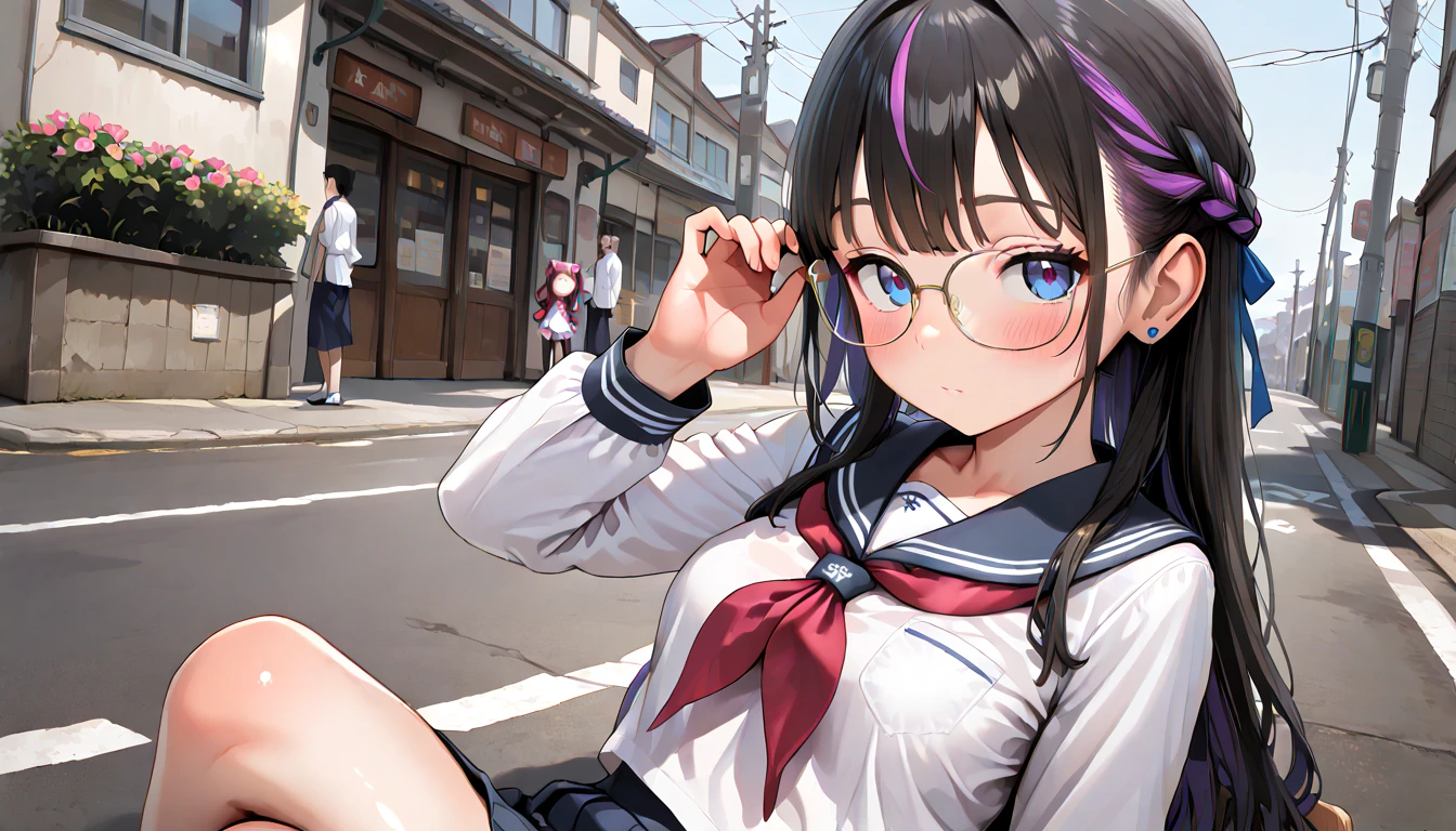 ((top quality)),((masterpiece)),((perfect face)),(ultra-detailed),ultra high res, 8k, 1girl,  solo, braided hair, glasses, streaked hair, school uniform, streets, large plush toy, exquisite, (very aesthetic:1.2), (absurdres:1.2), (detailed background),newest, perfect anatomy, 