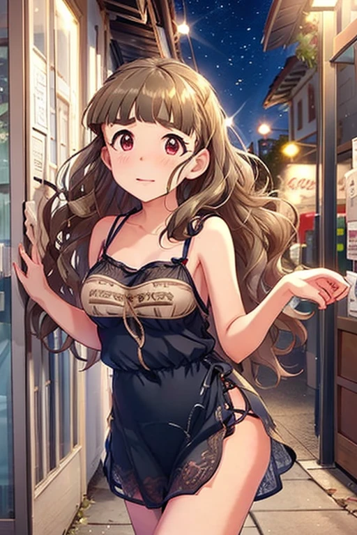  shiny brown hair ,  long hair, (Beautiful red eyes、  Sparkling Eyes  , fine grain)、smile、 ultra-detailed eyes sandwiched between columns、 Highly Detailed Faces,  extremely detailed eyes, cowboy shot、
((  browse barefoot be careful )),(())(( Translucent Thin Camisole Dress)), Anime Style:2,  MatureMature,Shyness, red face,Teary-eyed,Shyness, short hair,Downtown Street Corner at Night ,passenger,(Areola), turn your hands around your back,,Expose ,((  surprised expression)), upturned skirt