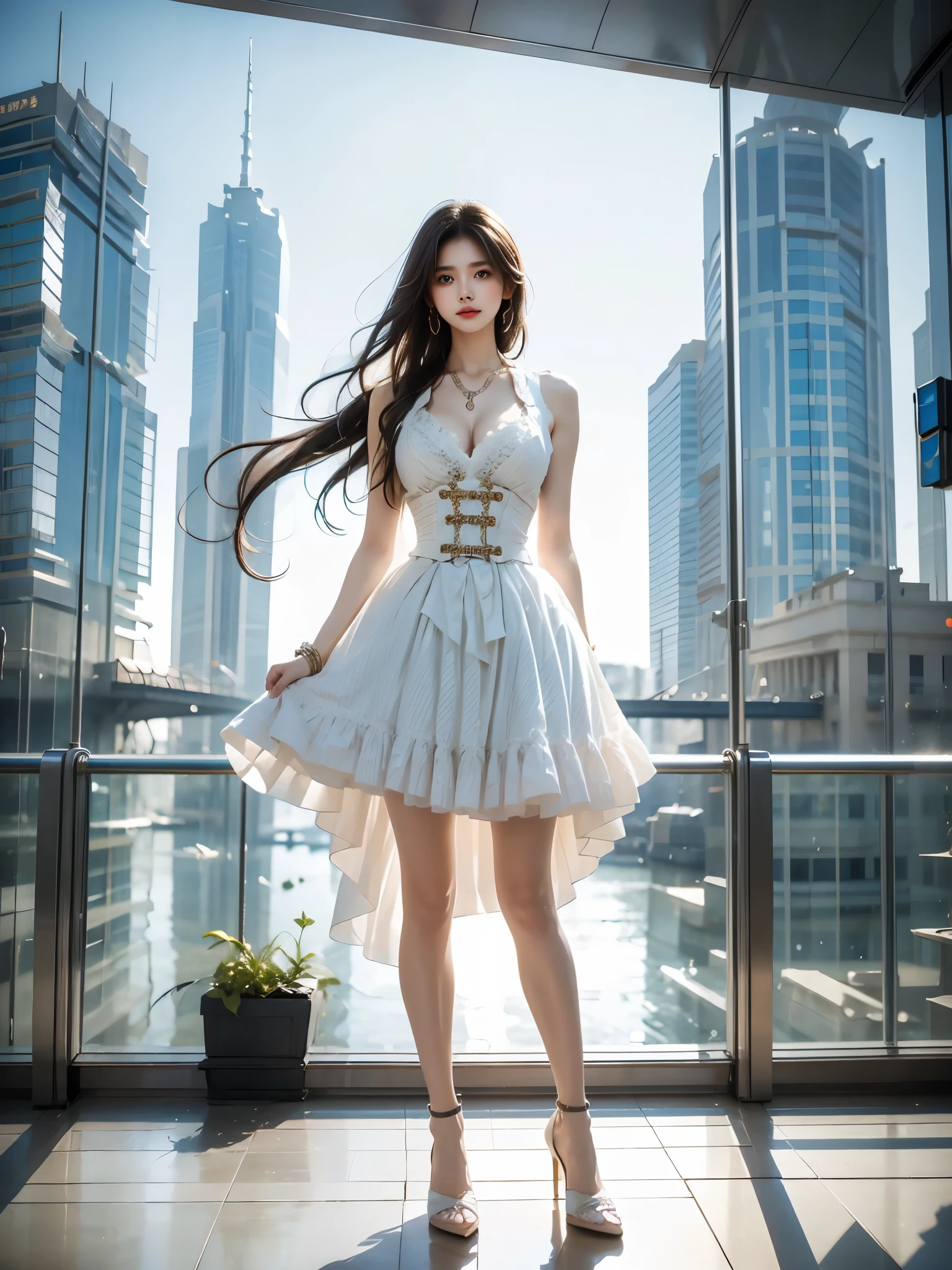 cooldress ((full body:1.3)), A young woman sits elegantly in the modern outdoors in a vibrant urban environment, (Sitting, sitting on a very low step), (Naturally extend your legs forward and bend your knees slightly), Big bust, deep V-neck, nice cleavage, Correct and nice leg shape, Very short hemline, she leans casually on one hand for support, The scene is set on a sunny day, with clear blue skies and modern glass skyscrapers in the background. The lighting is soft and natural, creating a photorealistic effect with smooth shadows and highlights, emphasizing her relaxed and confident pose.