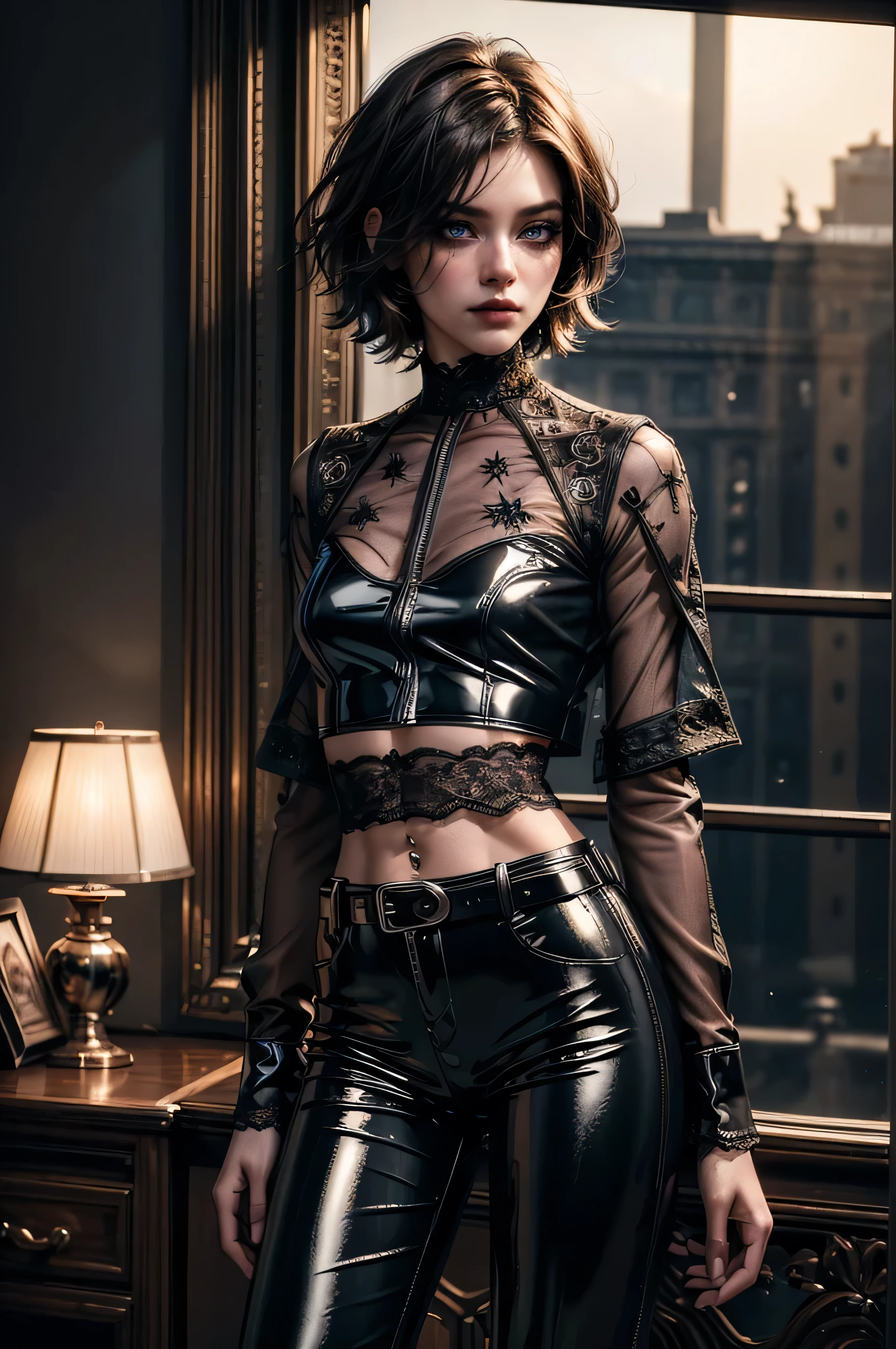 a woman with a (navel piercing), detailed shadows, highly detailed face, beautiful detailed eyes, beautiful detailed lips, extremely detailed face and skin, detailed abs, detailed belly button, cinematic lighting, dramatic shadows, dramatic lighting, vibrant colors, 8k, high resolution, photorealistic, hyper detailed, intricate details, masterpiece