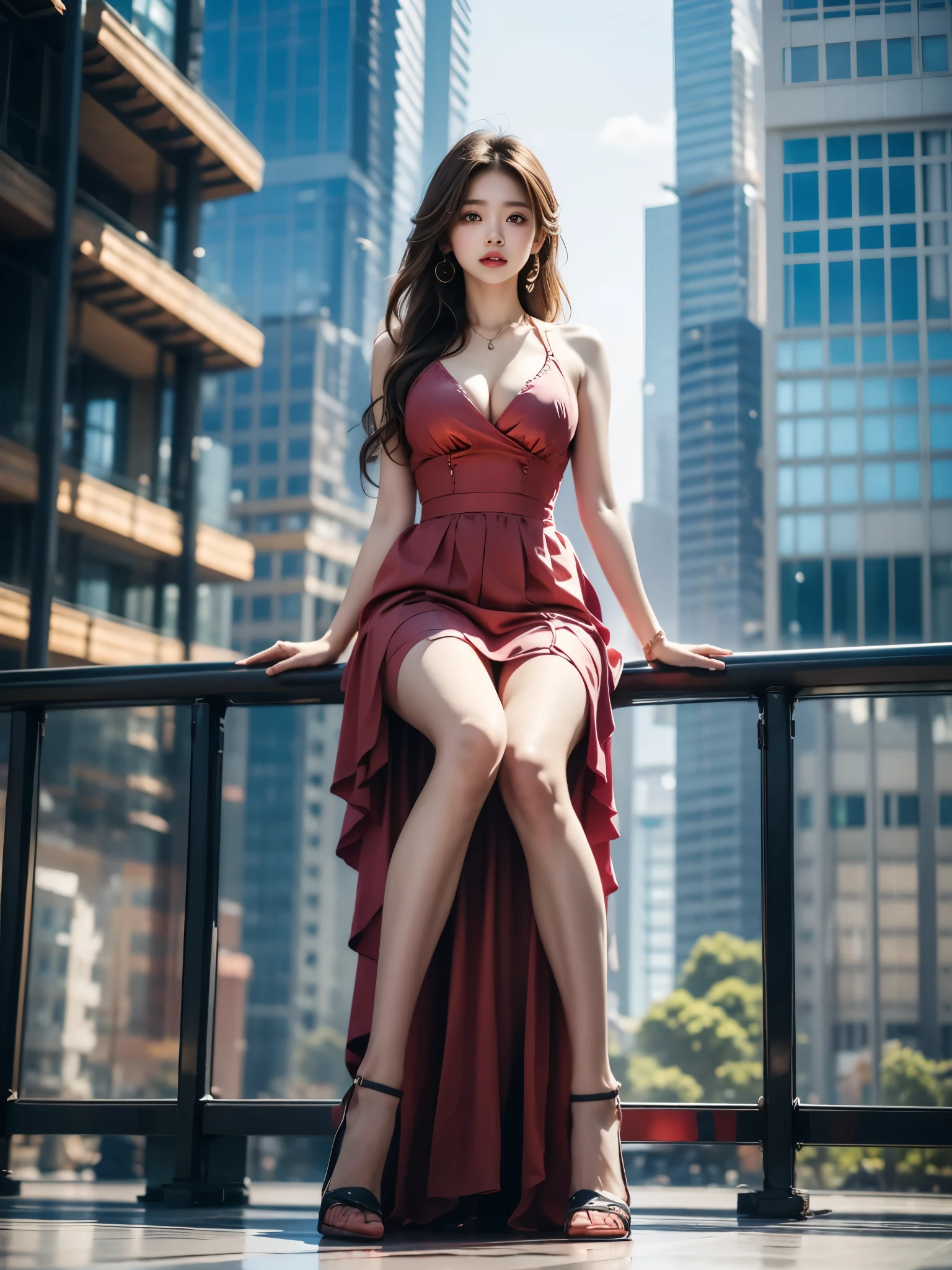 cool_dress ((full body:1.3)), 1girl, A young woman sits elegantly in the modern outdoors in a vibrant urban environment, (Sitting, sitting on a very low step), (Naturally extend your legs forward and bend your knees slightly), Big bust, deep V-neck, nice cleavage, Correct and nice leg shape, Very short hemline, she leans casually on one hand for support, The scene is set on a sunny day, with clear blue skies and modern glass skyscrapers in the background. The lighting is soft and natural, creating a photorealistic effect with smooth shadows and highlights, emphasizing her relaxed and confident pose.