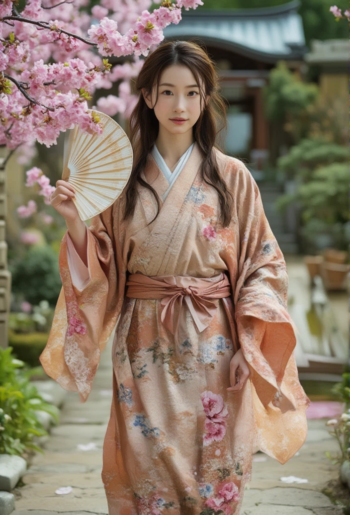 koso1,A photo of a stunningly delicate cute asian young woman,26 years old ,fit body,in a traditional Japanese outfit with short sleeves ,holding a fan. She is standing in a garden with stone paths and various plants, including cherry blossoms. The background contains a wooden structure. The photo has a soft, warm hue.