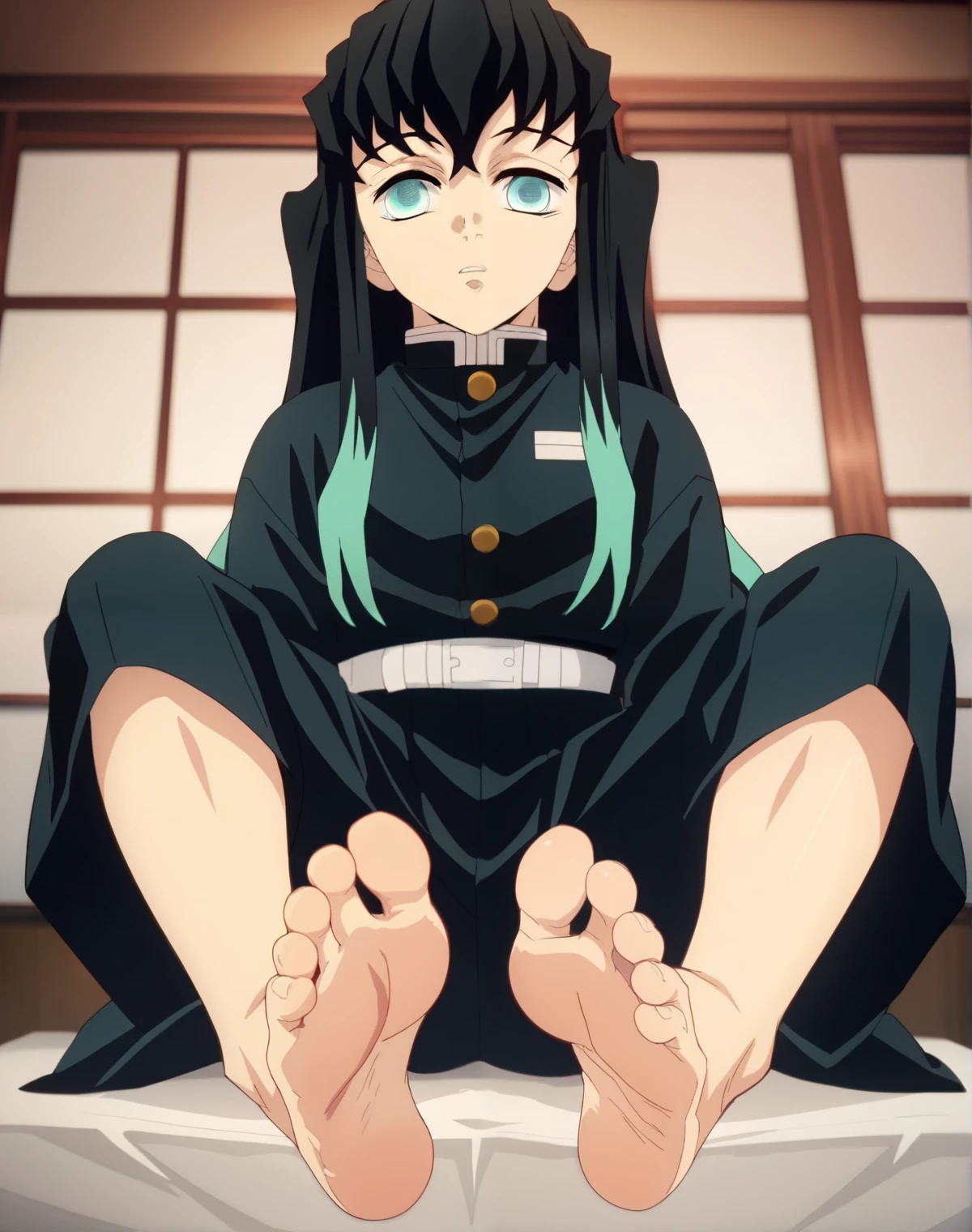 score_9, score_8_up, source_anime,
1boy, Tokito Muichiro, alone, looking at viewer, cowboy shot, ANIME SCREENCAP, anime coloring, sitting on the bed, lifting legs to show his soles, in his bedroom, barefoot, perfect feet, anatomically correct, soles, low angle, focal length 35mm, each foot has five toes, front, symmetrical soles, foot focus, black kimono, black skirt, black long hair with cyan tips, cyan eyes

Muichiro wears a black standard Demon Slayer uniform, tinted bluish black in the anime, consisting of a button-up jacket with a stand collar. However, he wears longer, looser sleeves that are more reminiscent of those of a kimono than of the standard uniform shirt-like cuff sleeves. Along with this, in the place of the standard tattsuke hakama wrapped by a pair of white kyahan around his calves, he wears his hakama in the umanori style, that along his style of sleeves, gives a loose and oversized appearance to his whole garment