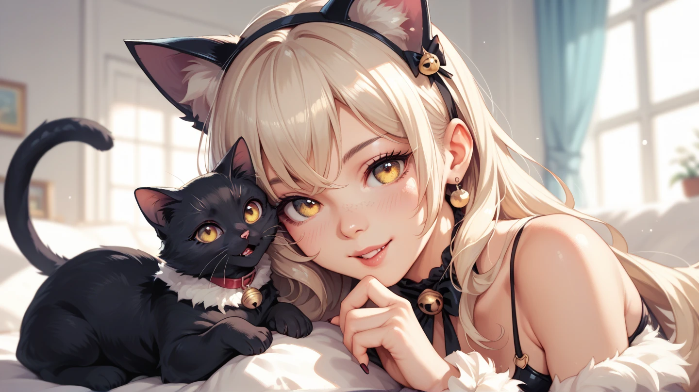 ((masterwork))、((Top image quality))、illustratio、one girls、Hair color、bangss、Hairstyle Fax、The eye、environment change scene、Portrait orientation from the waist up、Pose Jitai、lady's、cat ear、a blond、Akame、bob cuts、Very small chest、MICROBIKINI、Slingshot Pants、Lace decoration underwear、upright posture、ripped clothing、a smile、Emphasize the chest with hands、(Simple background、White background:1.3)、Invincible smile、Smiling against the backdrop of Hong Kong night skyscrapers