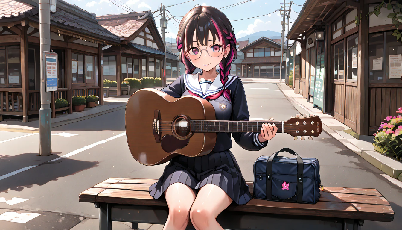 ((top quality)),((masterpiece)),((perfect face)),(ultra-detailed),ultra high res, 8k, 1girl,  solo, braided hair, glasses, streaked hair, school uniform, schoolbag, street performance, acoustic guitar, exquisite, (very aesthetic:1.2), (absurdres:1.2), (detailed background),newest, perfect anatomy, 