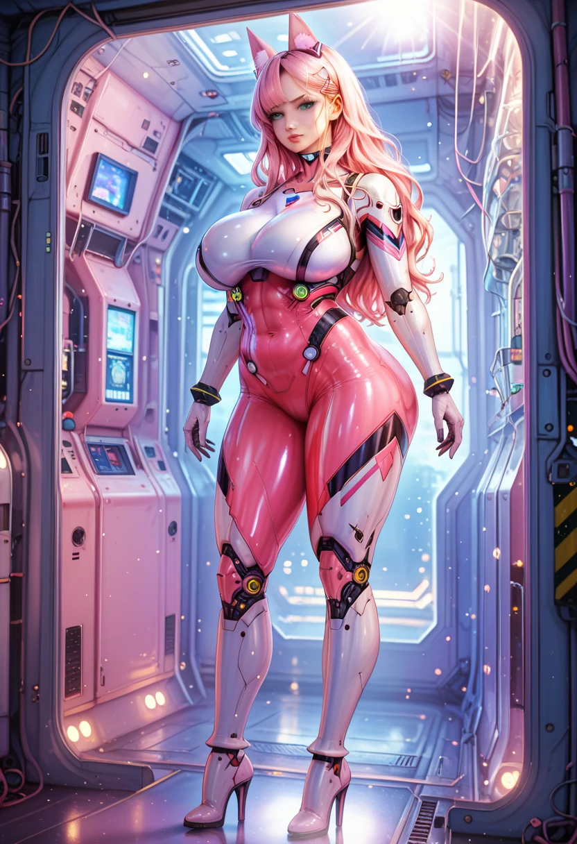 Masterpiece, highest quality, front view, (cyberpunk), Dramatic lighting, (blue ambient light:0.6), cine still, (Gorgeous Prostitute [Cyborg|Woman] with long wavy blonde hair), blue eyes, detailed facial features, [makeup], serious expression, (wearing leosuit, pink hair, long hair, large breasts, animal ears, yellow eyes, hair ornament, hairclip, skin tight, white bodysuit, pink bodysuit, gloves, covered navel, high heel boots,), cyberwear, standing inside a high-tech flying cyberpunk brothel:1.1), intricately detailed, chubby body, large muscular ass, (bubble butt), (detailed skin), focus on on capturing the natural lines and contours of her body and face, (cinematic lighting:1.1), shadows, photographed on a Phase One IQ4 150MP, 100mm F2.8 L Macro lens, highly detailed, hyperrealistic, Cinestill 800T, film grain, (eyelight:0.5), HDR, 8k, absurdres, sharp focus, skindentation , hourglass body, saggy belly, belly overhang, hyper breasts, wide hips, bubble butt, post pregnancy belly, thick thighs, scattering, translucent, glowing, sss, atmospheric lighting, atmospheric haze, visiosomni, intricate details, novuschroma62 style 