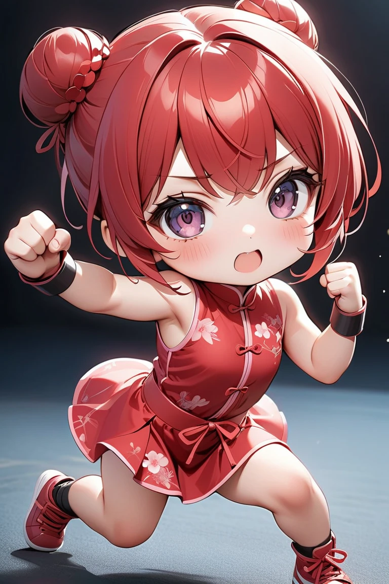   top quality,   masterpiece  ,  Alone,   one girl ,  Dark Eyes、 (Chibi: 0.6),   Bright Red Hair  ,  pink china dress 、 bun hair 、Chinese boxing、 kung fu training 、( stand on one leg and punch a straight fist)、「Hah！」Shout ,cute, 