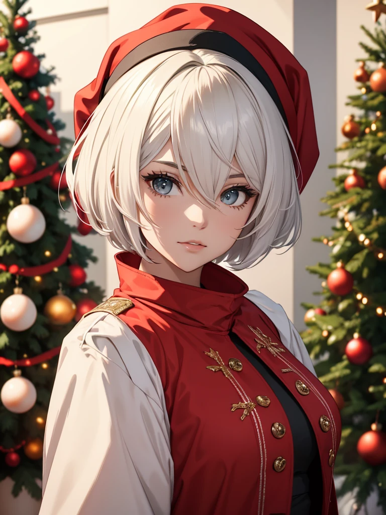 "2B", 1woman, wearing a Christmas outfit with a red Christmas hat and jacket, near a indoor Christmas tree, Christmas winter season, white colour short hair, 2B' s hair style, 8k, high detailed, high quality, high accuracy