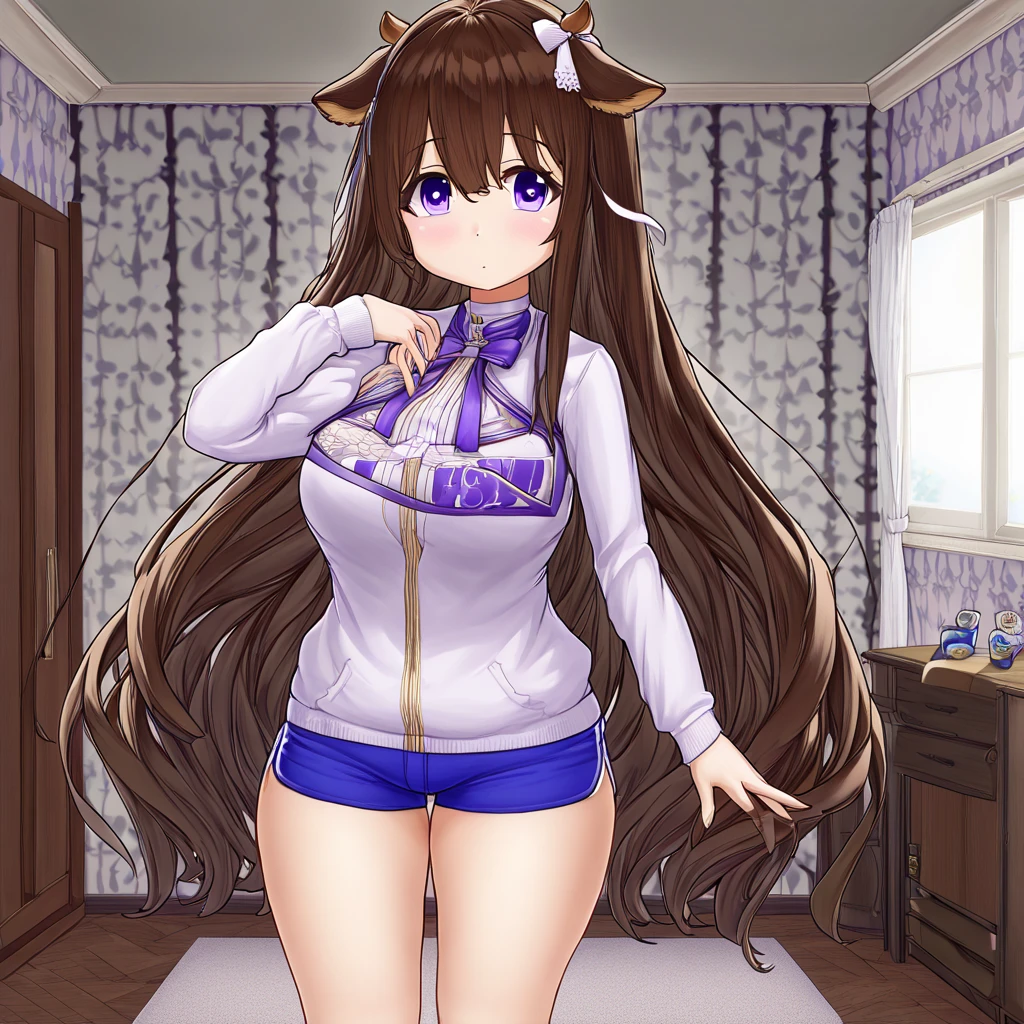 Anime, high detailed,(kashino \(azur_lane\),brown hair,cow_ears, purple eyes,long hair) Kashino, big bosom, curvy beauty body, shy smile, short T-shirt, short shorts, a bottle of shampoo inside the waistband of her shorts ((the shampoo bottle is hidden inside the waistband of her shorts)), bottle of shampoo is inside her shorts, in a bedroom, looking at the viewer 