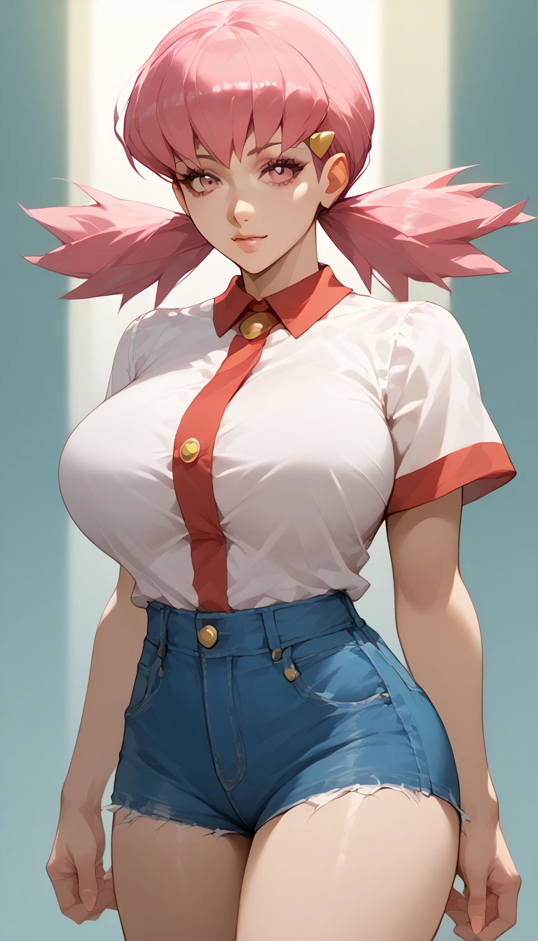 (8k,  top quality,   masterpiece  :1.3), pose, 1 girl in uniform,  very beautiful face  , random expression ,ＪＫ_ style for stilets ,(Age 19),Big Breasts,zzWhitney, pink eyes, pink hair, pigtails, hair clip, white shirt, denim shorts,