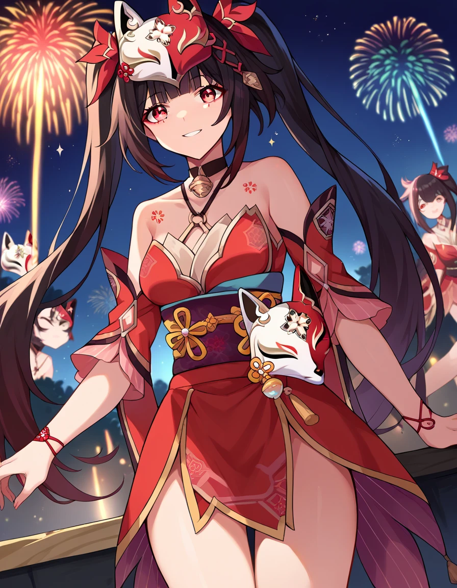  score_9,  score_8_up,  score_7_up,  source_Anime,
honkaiSparkle, Sparkle,  long hair, bangs,  black hair,  Hair Ornament,  twin tails, red eyes, Bell,  mask ,  mask  on head, fox  mask , smile,
 dress,  shoulder out, Japanese clothing, band, tattoo, red  dress,
 outdoors, fireworks, festival,
 watching viewers,  cowboy shot,  Dutch Angle ,naked