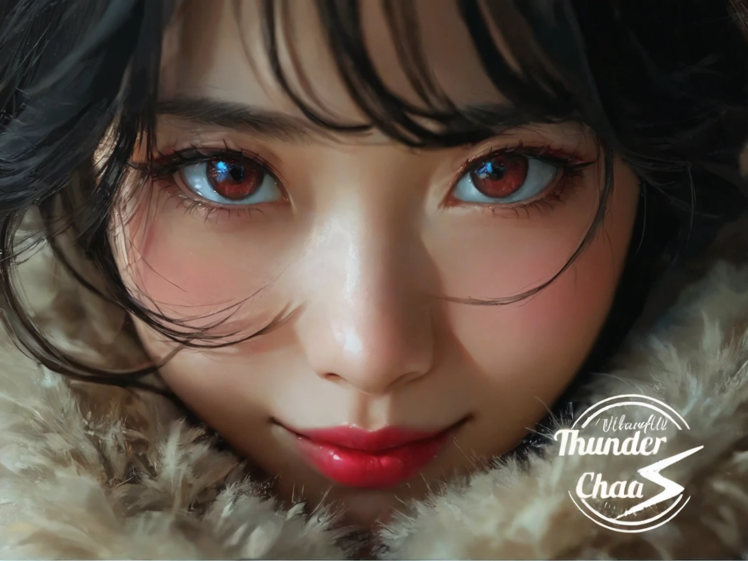 Close-up of a woman, Fur Coat , painted with red lipstick ,  Cute round slanted eyes ,   Detailed Face of Asian Girl  ,  Realistic Beautiful Face ,  Beautiful Realistic Face ,  Cute Realistic Portrait ,  realistic style anime ,  Sketch Chongqing s,  Ultra-Fine Face and Eyes ,  Super Realistic Beautiful Face ,  Sketch Chongqing , Wonderful eyes ,   Dreamy Detail Eyes  