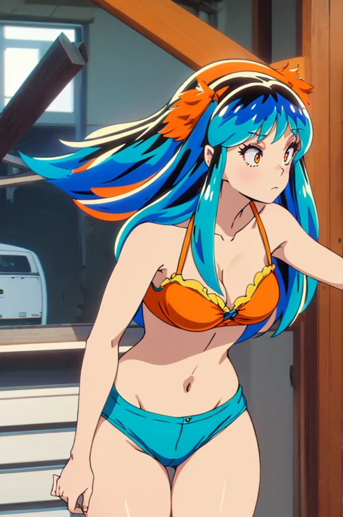 Lum orange eyes big blue hair healed abdomen medium big boobs thick thighs big orange shorts panties floss black sexy orange bra