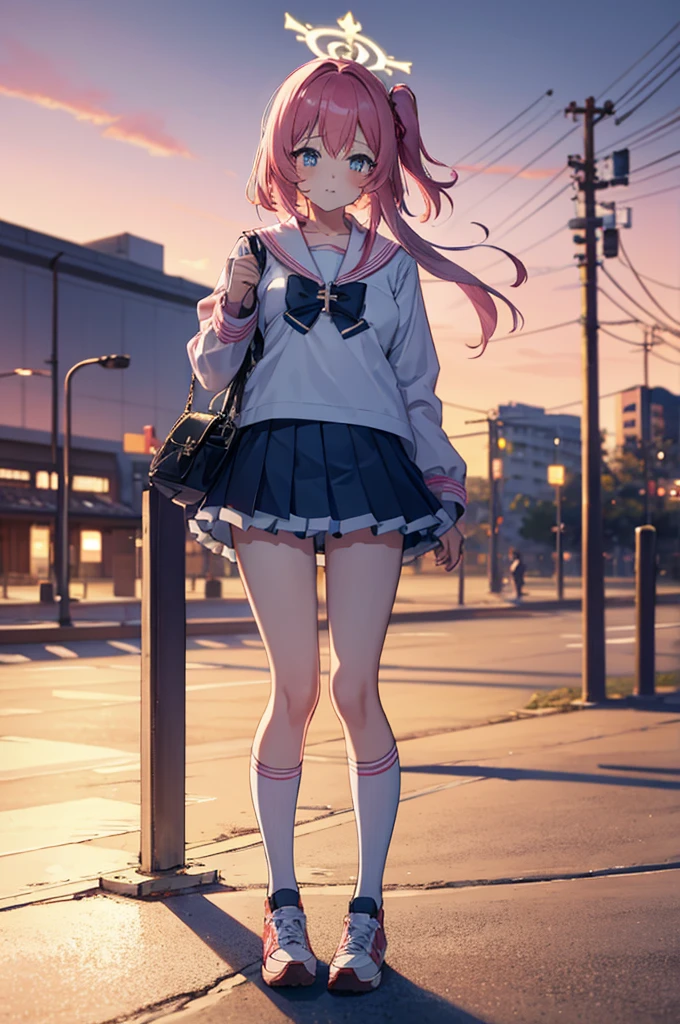 a cute solo boy ,trap ,serina(blue archive),halo,pink hair,pink eye ,eye makeup,shy ,embrassed ,cute red face,medium breast,wearing a japan sailor high-school uniform with a blue skirt ,bike shorts, shorts under skirt, overknee socks ,sneakers ,standing sexy pose on the street in a city at sunset time , close-up body portrait.