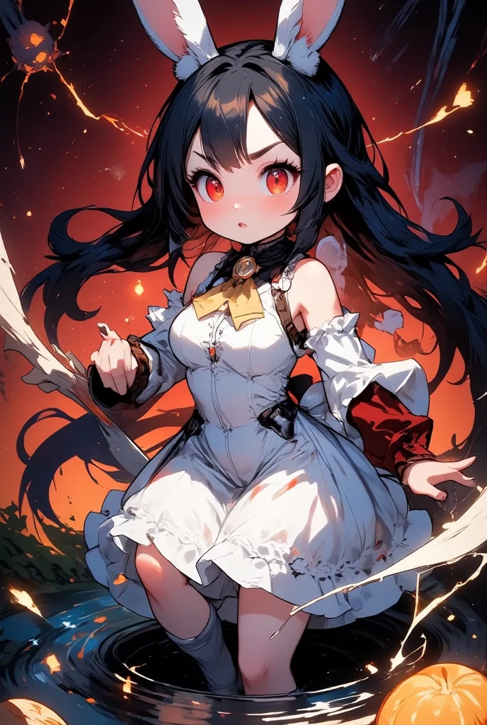 1girl, (furry, kemono:1.3), rabbit, rabbit girl, rabbit ears, open mouth, hair tubes, black hair, hair between eyes, black eyes, long hair, sidelocks, v-shaped eyebrows, ponytail, detached sleeves, hair bow, ascot, wide sleeves, frills, ribbon-trimmed sleeves, long sleeves, nontraditional miko, ribbon trim, vest, white sleeves, japanese clothes, skirt, shirt, looking at viewer, bow, solo, upper body, foreshortening, red bow, yellow ascot, teeth, frilled bow, cool pose, dynamic pose, dramatic, action pose, motion blur, motion line, motion outline, battle effect, red aura, attack,