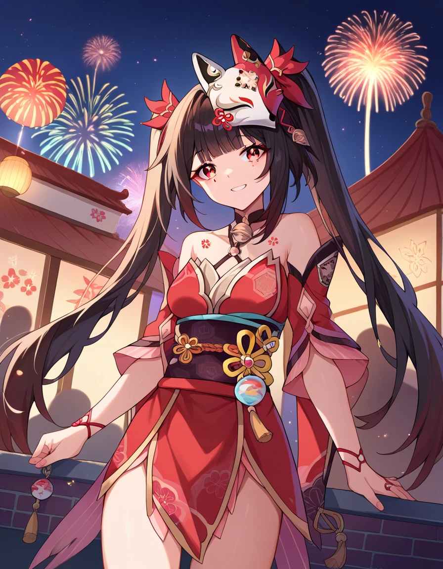  score_9,  score_8_up,  score_7_up,  source_Anime,
honkaiSparkle, Sparkle,  long hair, bangs,  black hair,  Hair Ornament,  twin tails, red eyes, Bell,  mask ,  mask  on head, fox  mask , smile,
 dress, tattoo, red  dress,
 outdoors, fireworks, festival,
 watching viewers,  cowboy shot,  Dutch Angle , standing naked,Completely naked,