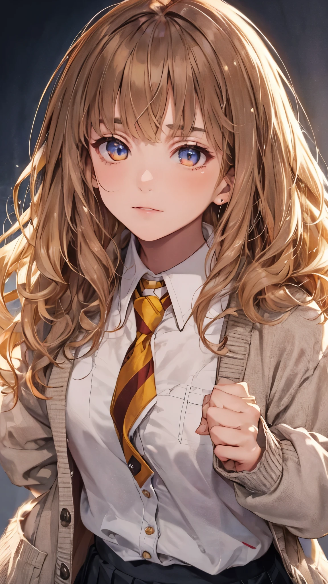 1girl, hermione ,upper body,long hair,wavy hair,messy hair,white Collared shirt,necktie,cardigan,skirt,coat,masterpiece,Noise Reduction,perfect anatomy,high resolution, ultra-detailed, ultra-detailed face,game cg,dutch angle ,beautiful detailed eyes,visualart,five fingers, perfect hands, perfect lighting,