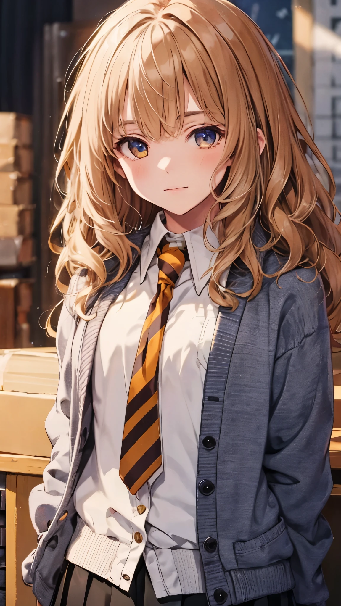 1girl, hermione ,upper body,(flat chest,chibi),long hair,wavy hair,messy hair,white Collared shirt,necktie,cardigan,skirt,black coat,masterpiece,Noise Reduction,perfect anatomy,high resolution, ultra-detailed, ultra-detailed face,game cg,dutch angle ,beautiful detailed eyes,visualart,five fingers, perfect hands, perfect lighting,